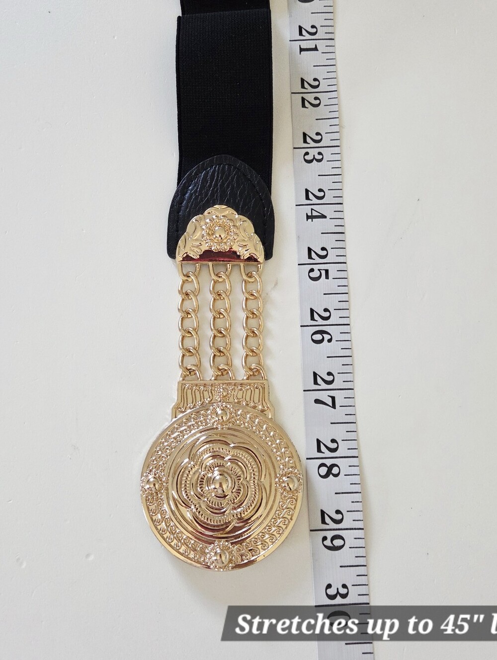Stretchy black belt with gold buckle and chain decor - Picture 7 of 8